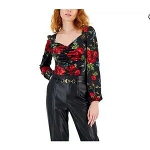INC Sweetheart Neck Rose Printed Ruched Crushed Velvet Top Long Sleeve Medium